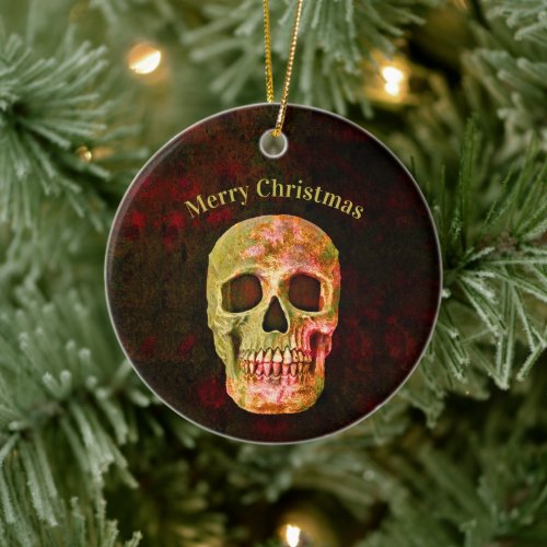 Holiday Gothic Skull Vintage Red Green Christmas Ceramic Ornament