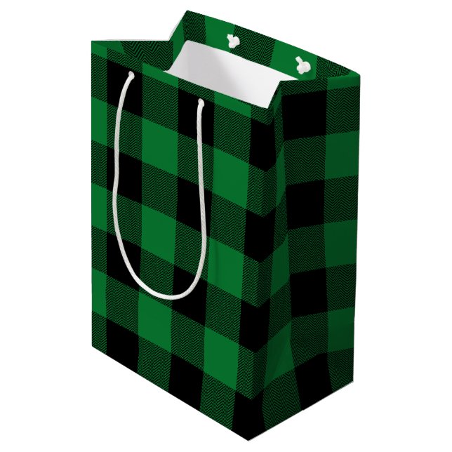 Holiday Green and Black Chevron Buffalo Plaid Medium Gift Bag (Back Angled)