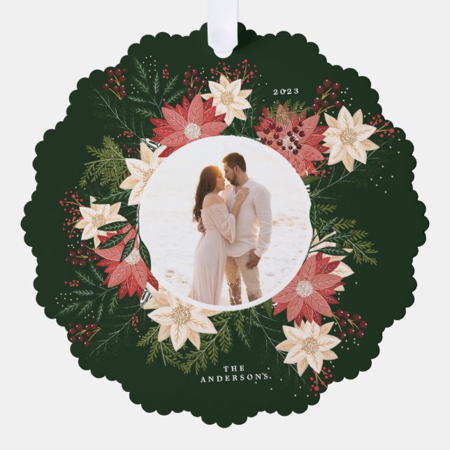 Holiday Green Botanical Poinsettia Photo Christmas Ornament Card (Front)