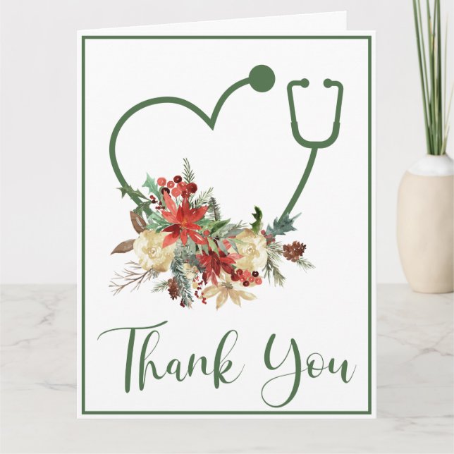 Holiday Green Floral Stethoscope Heart Thank You Card (Front)
