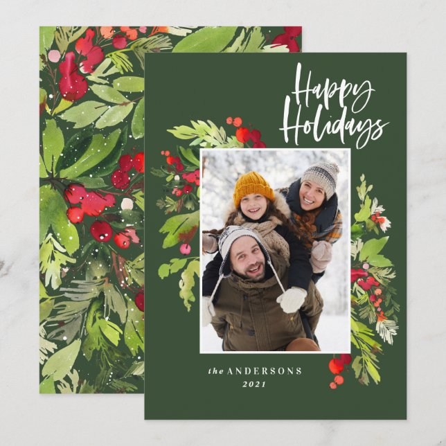 Holiday green foliage traditional rustic photo card (Front/Back)