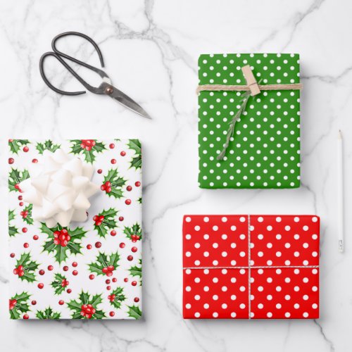 Holiday Green Holly Red Berries Polka Dots Pattern Wrapping Paper Sheets