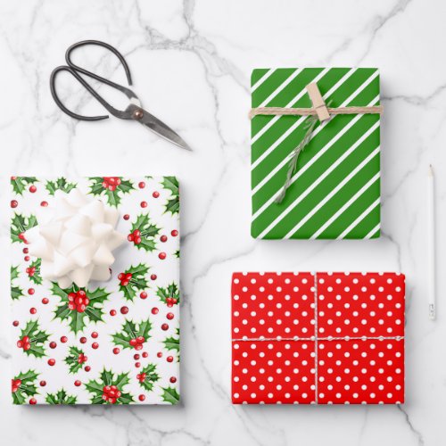 Holiday Green Holly Red Berries Polka Dots Pattern Wrapping Paper Sheets
