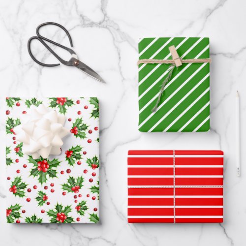 Holiday Green Holly Red Berries Stripes Pattern Wrapping Paper Sheets