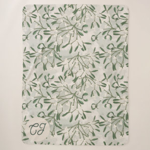 Holiday Green Mistletoe Berries Pattern Monogram Sherpa Blanket