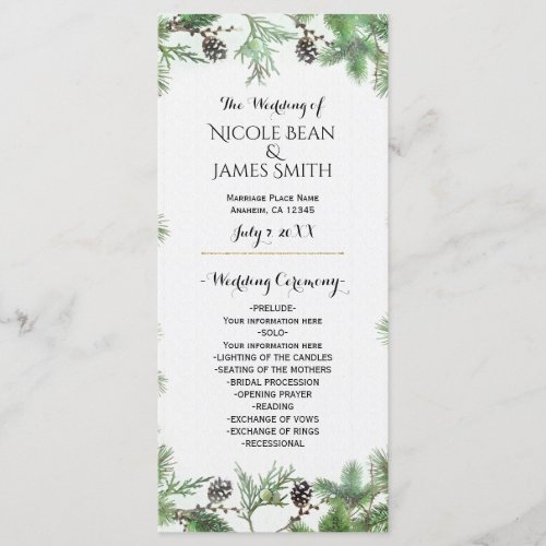 Holiday Green  Pine Cones Country Wedding Program