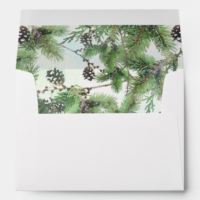 Holiday Green & Pine Cones Country Winter Wedding Envelope (Back (Bottom))