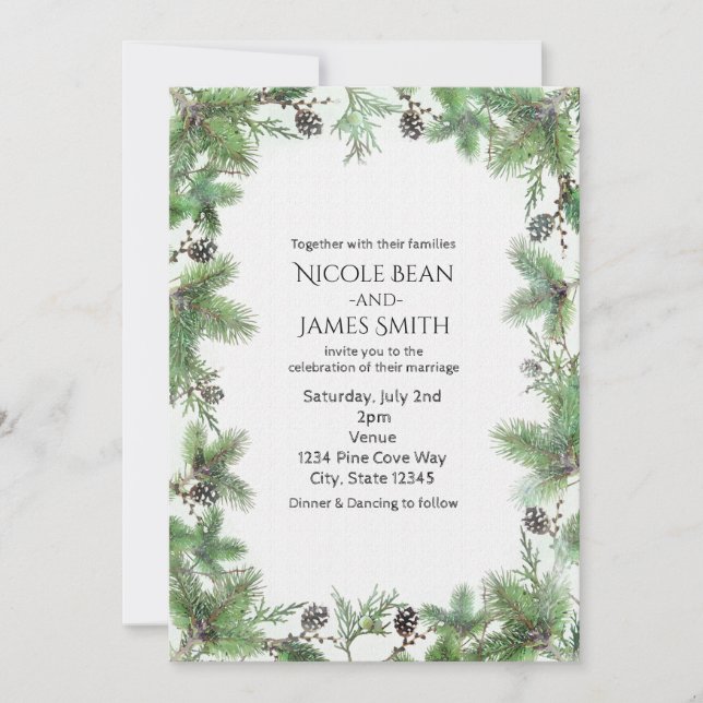 Holiday Green & Pine Cones Country Winter Wedding Invitation (Front)