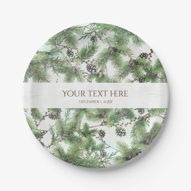 Holiday Green & Pine Cones Country Winter Wedding Paper Plates (Front)