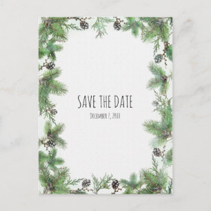 Holiday Green & Pine Cones Winter Save The Date Announcement Postcard