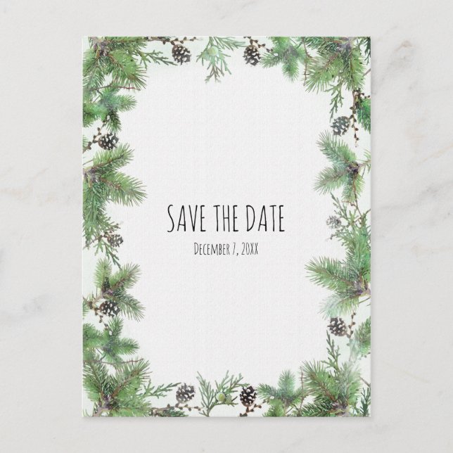 Holiday Green & Pine Cones Winter Save The Date Announcement Postcard (Front)