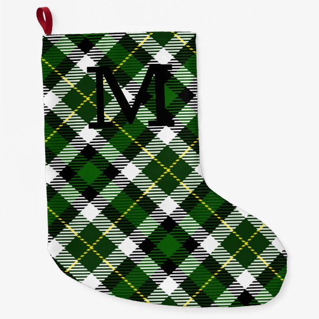Holiday Green Plaid Monogram Initial Festive Fun Large Christmas Stocking (Front)