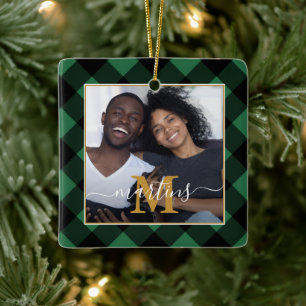 Holiday Green Plaid Monogram with Name Photo Ceramic Ornament