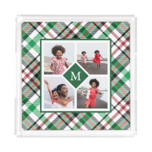 Holiday Green Plaid Photo Collage and Monogram Acrylic Tray