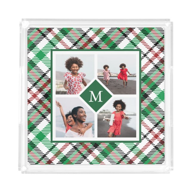 Holiday Green Plaid Photo Collage and Monogram Acrylic Tray (Front)