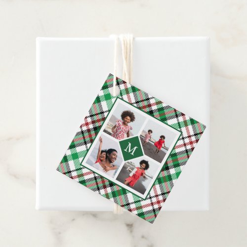 Holiday Green Plaid Photo Collage and Monogram Favor Tags