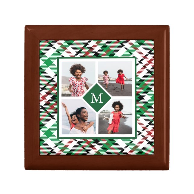 Holiday Green Plaid Photo Collage and Monogram Gift Box (Front)
