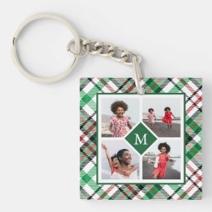 Holiday Green Plaid Photo Collage and Monogram Keychain