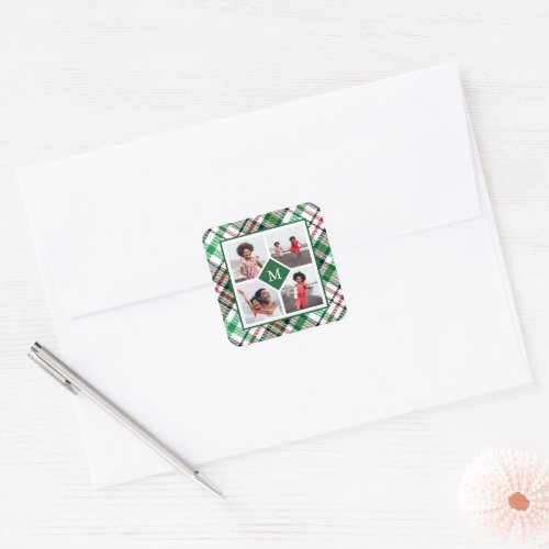 Holiday Green Plaid Photo Collage and Monogram Square Sticker