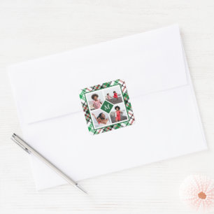 Holiday Green Plaid Photo Collage and Monogram Square Sticker