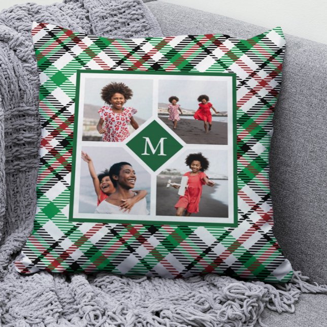 Holiday Green Plaid Photo Collage and Monogram Throw Pillow (Creator Uploaded)