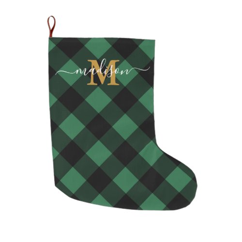 Holiday Green Plaid with Monogram and Name Large Christmas Stocking