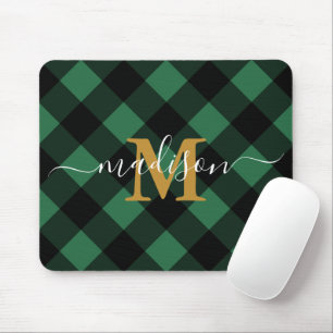 Holiday Green Plaid with Monogram and Name Mouse Pad