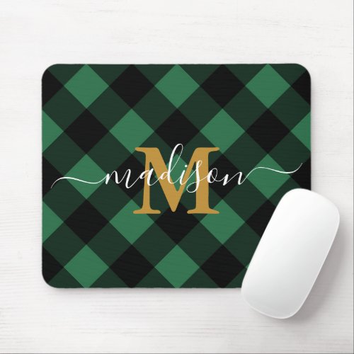 Holiday Green Plaid with Monogram and Name Mouse Pad