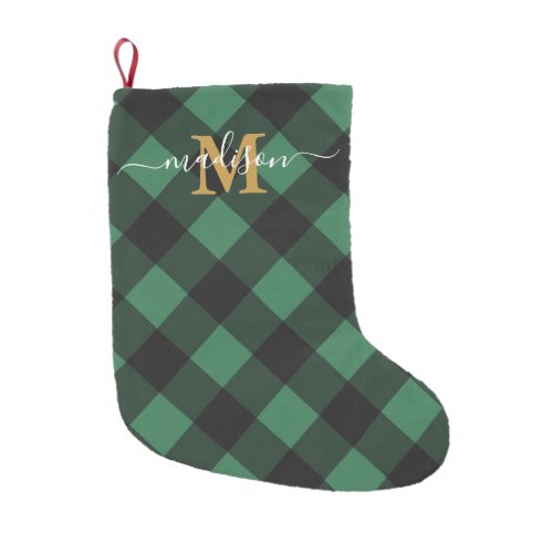 Holiday Green Plaid with Monogram and Name Small Christmas Stocking