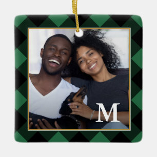 Holiday Green Plaid with Monogram Photo Christmas Ceramic Ornament