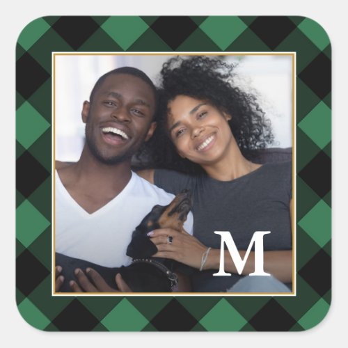 Holiday Green Plaid with Monogram Photo Square Sticker