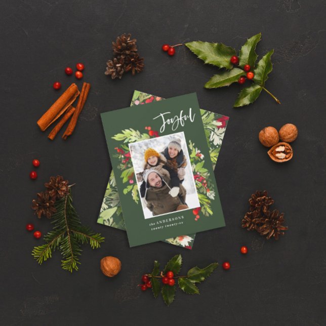 Holiday green red foliage traditional rustic photo card (Creator Uploaded)