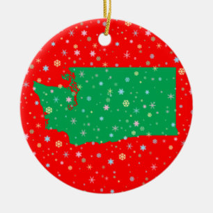 Holiday Green Red Map of Washington State Snow Ceramic Ornament