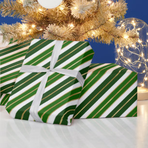 Holiday Green, White & Gold Foil Christmas Stripes Wrapping Paper