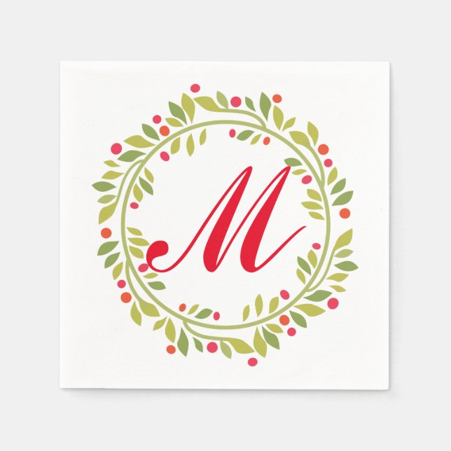 Holiday Green Wreath Red Monogram Paper Napkins (Front)