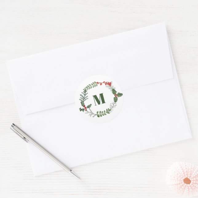 Holiday Greenery & Berry Initial Envelope Seal,  Classic Round Sticker (Envelope)