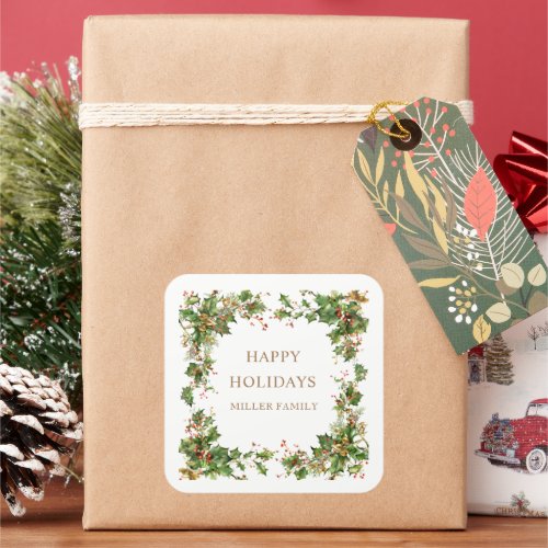 Holiday Greenery Border Monogram Square Sticker