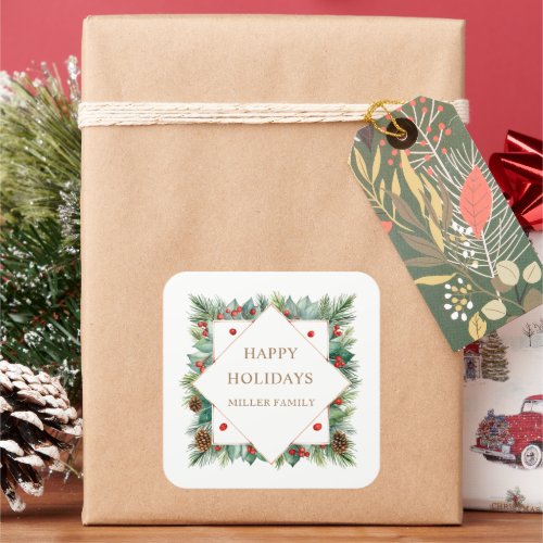 Holiday Greenery Border Monogram Square Sticker