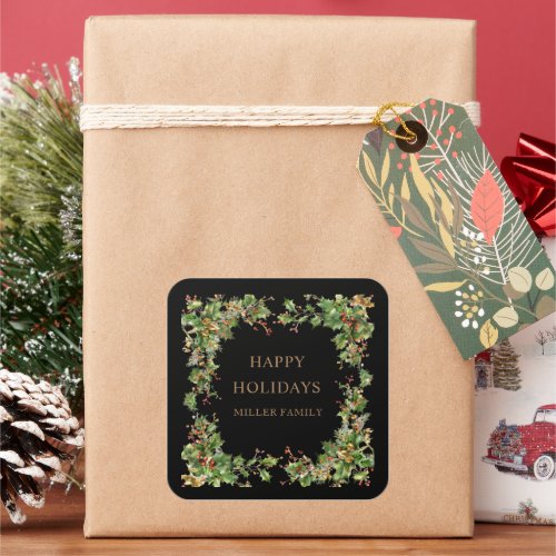 Holiday Greenery Border Monogram Square Sticker