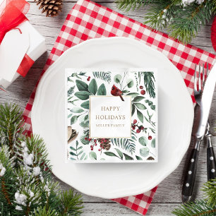 Holiday Greenery Cardinal Christmas Party Monogram Napkins