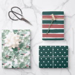 Holiday Greenery Dark Green and Red Christmas Wrapping Paper Sheets<br><div class="desc">This Christmas wrapping paper set offers the coordinating designs: one elegant watercolor winter greenery and red berries,  the second is dark green and muted red stripes and the third is dark green with a white dot pattern.</div>