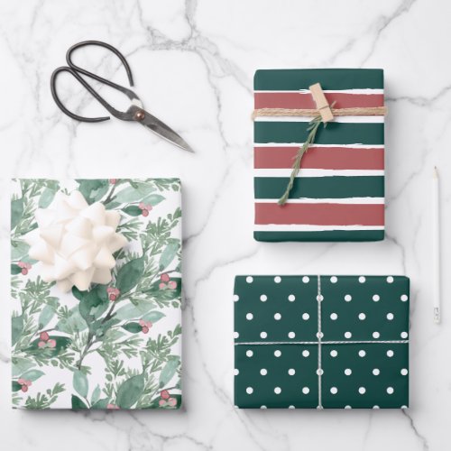 Holiday Greenery Dark Green and Red Christmas Wrapping Paper Sheets