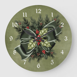 Holiday Greenery & Dark Green Bow Christmas Clock