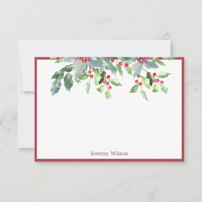 Holiday Greenery Holly Plant Red Personalized Note Card (Front)