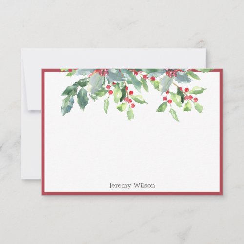 Holiday Greenery Holly Plant Red Personalized Note Card