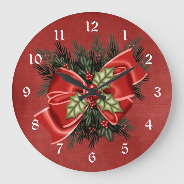 Holiday Greenery & Red Bow Christmas Clock (Front)