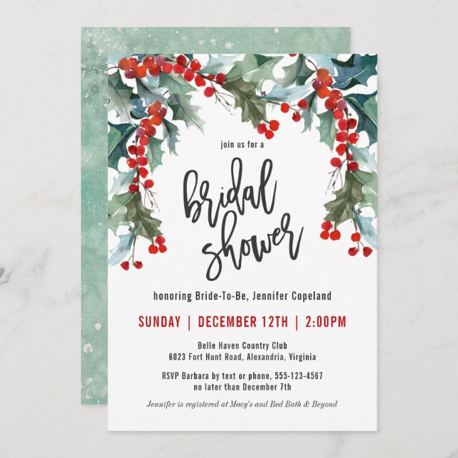 Holiday Greenery Watercolor Bridal Shower Invitation (Front/Back)