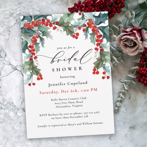 Holiday Greenery Watercolor Holly Bridal Shower Invitation