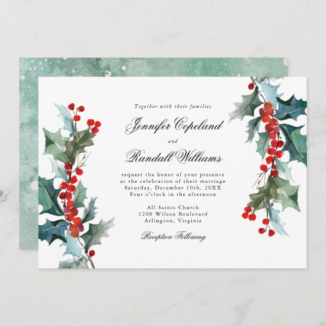 Holiday Greenery Watercolor Wedding Invitation (Front/Back)