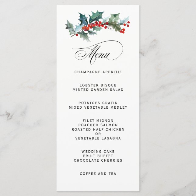 Holiday Greenery Watercolor Wedding Menu (Front)